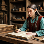 A female elven crafter in modest, functional fantasy attire, intently examining a ledger and various raw materials on a sturdy wooden workbench in a dimly lit, organized workshop. Shelves filled with neatly stacked resources and finished goods line the background. The scene conveys diligence and strategic thinking. fully clothed, appropriate content, safe for work, perfect anatomy, natural proportions, well-formed hands, professional photography, high quality, family-friendly.