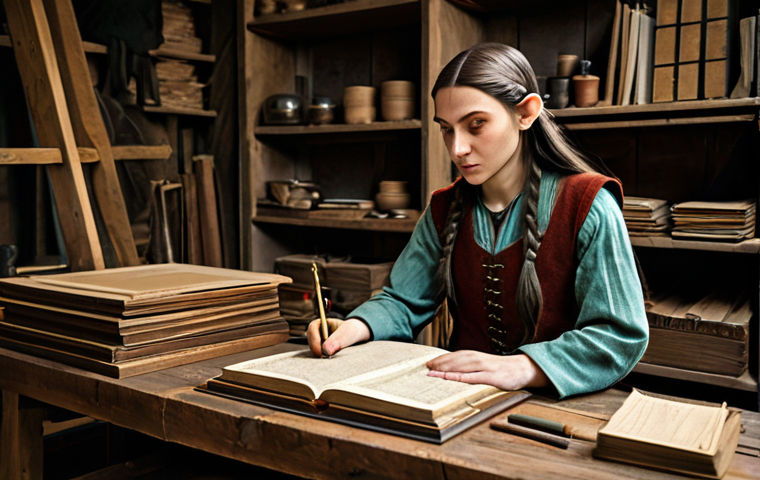 A female elven crafter in modest, functional fantasy attire, intently examining a ledger and various raw materials on a sturdy wooden workbench in a dimly lit, organized workshop. Shelves filled with neatly stacked resources and finished goods line the background. The scene conveys diligence and strategic thinking. fully clothed, appropriate content, safe for work, perfect anatomy, natural proportions, well-formed hands, professional photography, high quality, family-friendly.