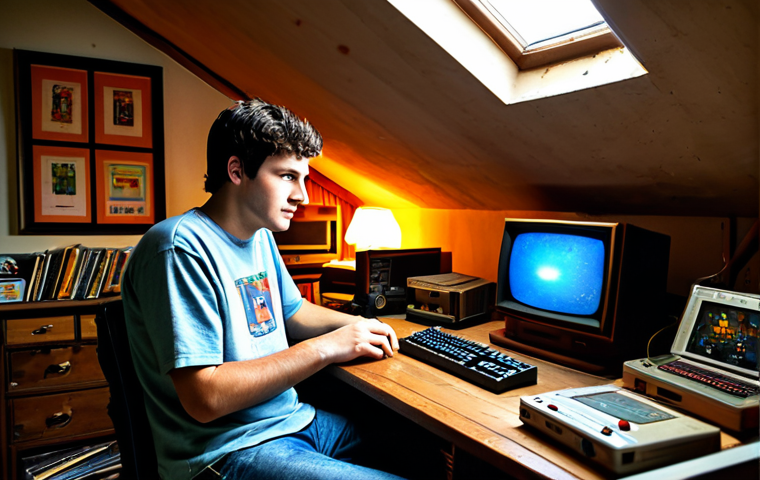 Nostalgic Gamer**
"A fully clothed adult gamer, male, wearing a modest t-shirt and jeans, sitting at a vintage computer desk in a warmly lit attic room. The desk is cluttered with old game boxes and memorabilia. He is looking at the screen with a nostalgic expression. Soft, diffused lighting. Safe for work, appropriate content, perfect anatomy, natural proportions, professional, family-friendly."
**