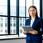 **

A professional businesswoman in a modest navy blue business suit, standing confidently in a modern, sunlit office with large windows overlooking Warsaw. She is holding a tablet displaying business charts. Fully clothed, appropriate attire, safe for work, perfect anatomy, natural proportions, professional corporate photography, high quality.

**