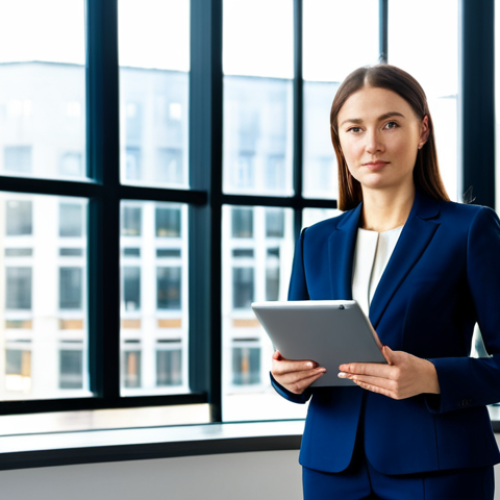 **

A professional businesswoman in a modest navy blue business suit, standing confidently in a modern, sunlit office with large windows overlooking Warsaw. She is holding a tablet displaying business charts. Fully clothed, appropriate attire, safe for work, perfect anatomy, natural proportions, professional corporate photography, high quality.

**