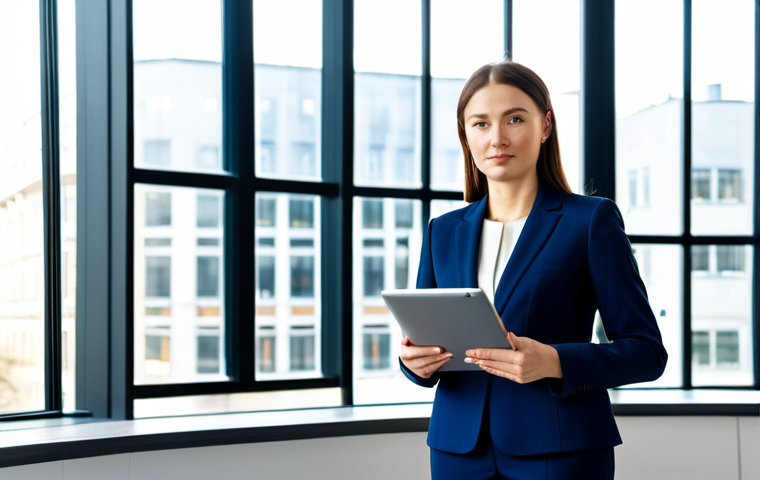 **

A professional businesswoman in a modest navy blue business suit, standing confidently in a modern, sunlit office with large windows overlooking Warsaw. She is holding a tablet displaying business charts. Fully clothed, appropriate attire, safe for work, perfect anatomy, natural proportions, professional corporate photography, high quality.

**
