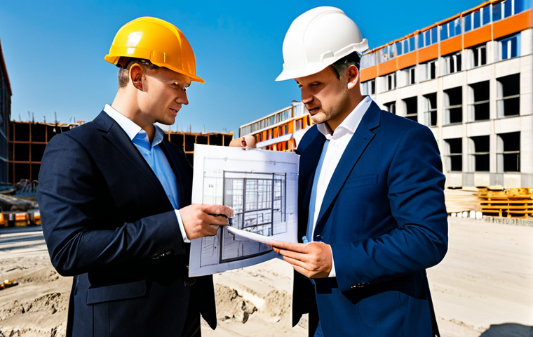 **Image Prompt 1:** A professional architect, fully clothed in appropriate business attire, reviewing blueprints at a sunny construction site in Warsaw, Poland. Hard hats and safety vests are visible. Safe for work, perfect anatomy, natural proportions, professional photography, high quality, family-friendly.