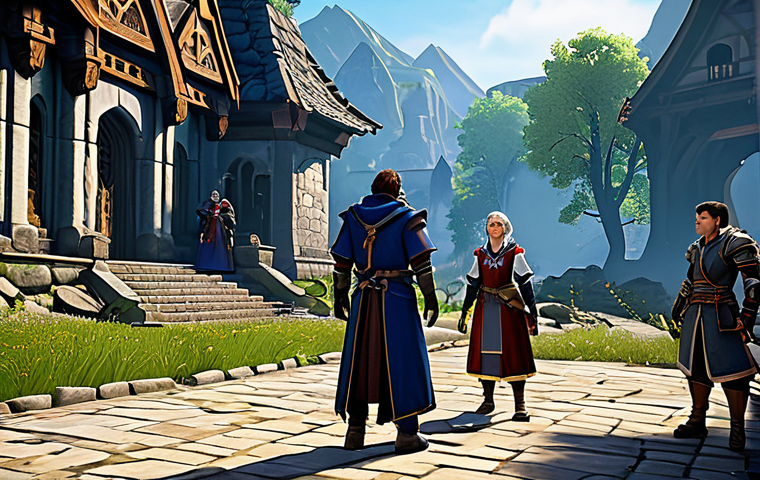 **Guild Mentorship:** A friendly gathering of experienced players mentoring new players in a brightly lit, welcoming in-game setting of a fantasy MMORPG. Everyone is fully clothed in appropriate, modest fantasy attire. The scene showcases teamwork and camaraderie. Safe for work, appropriate content, professional, perfect anatomy, natural proportions.